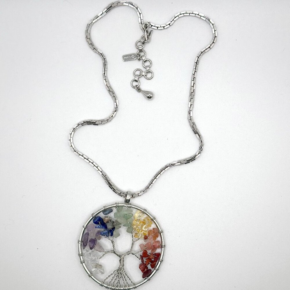 2" Tree of Life Chakra Pendant 15-17" MONET Box Chain Link Hook Clasp Necklace